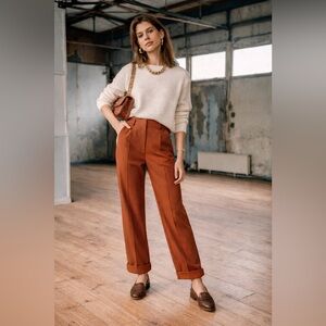 Sezane Terracotta Relaxed Wide Straight Leg Trousers in FR 40, or US 8
